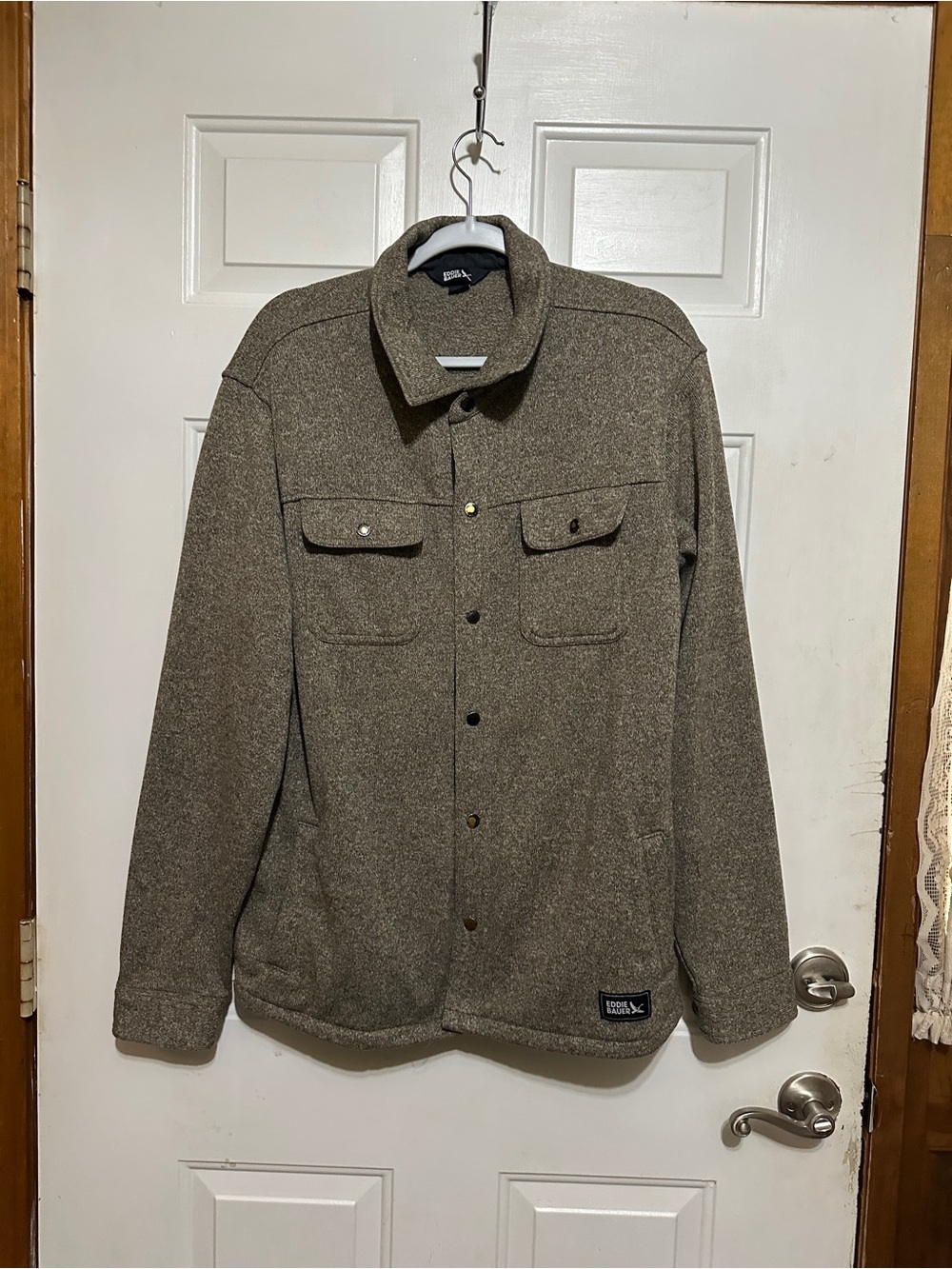 Eddie Bauer Shirt Jacket Mens Size Large Heather Gray Sweater Fleece Snap Front
